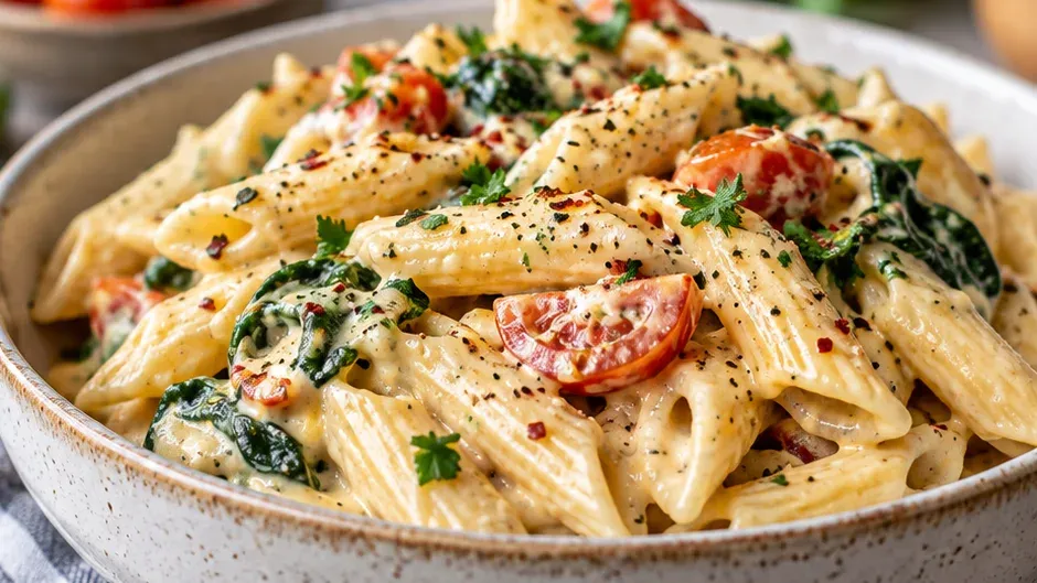 Foto de macarrão Vegano Cremoso com Molho de Castanha-de-Caju ou Leite de Coco pronto para servir