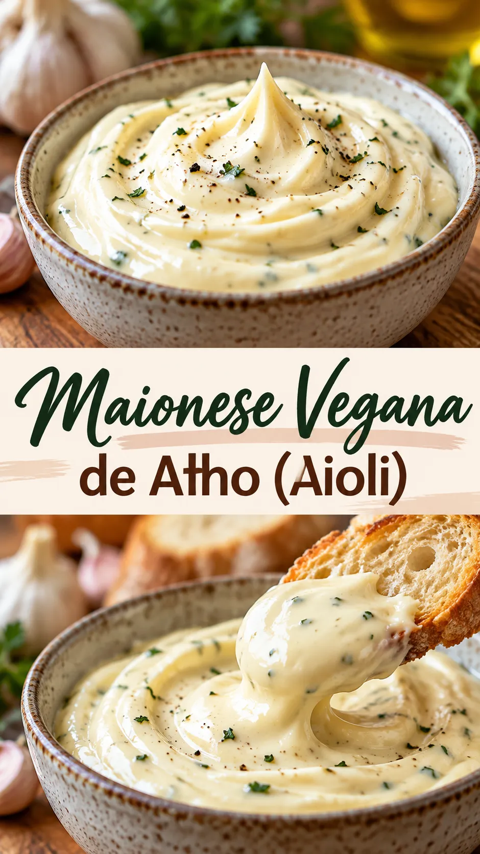 Imagem para o Pinterest com o título “Maionese Vegana de Alho (Aioli)” e duas fotos da receita