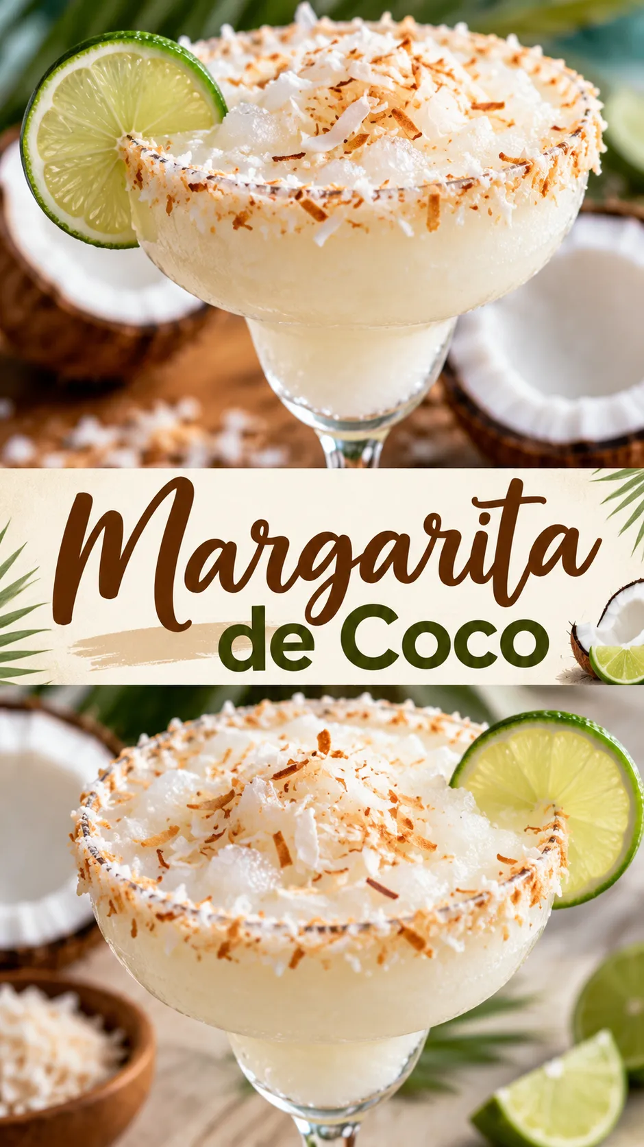 Imagem para o Pinterest com o título “Margarita de Coco” e duas fotos da receita
