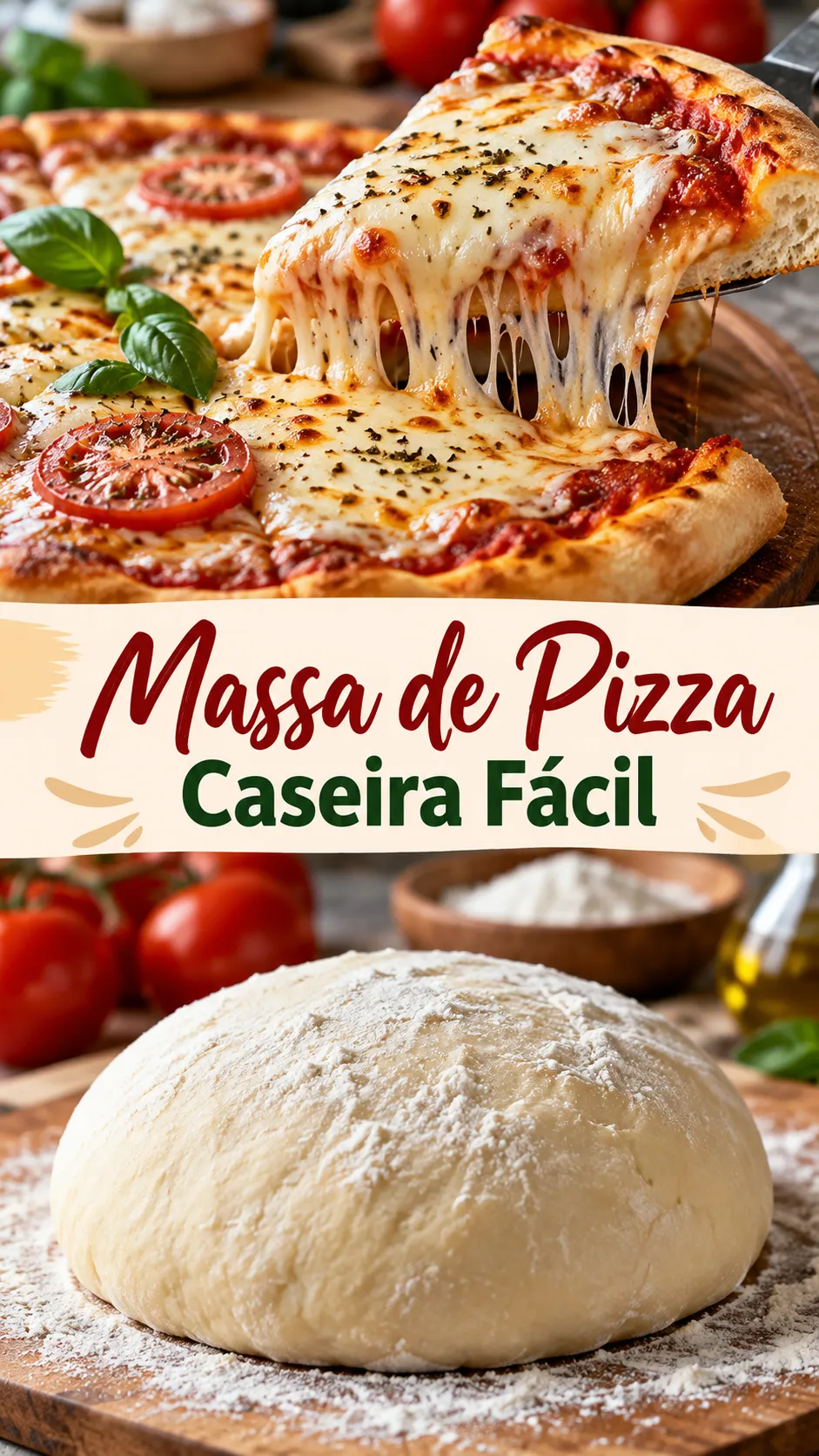Imagem para o Pinterest com o título “Massa de Pizza Caseira Fácil” e duas fotos da receita