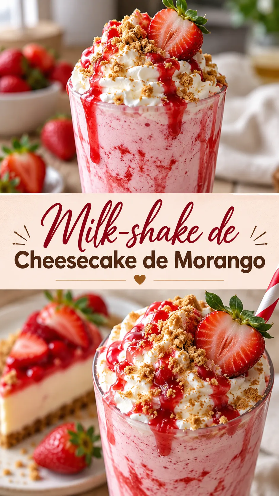 Imagem para o Pinterest com o título “Milk-shake de Cheesecake de Morango” e duas fotos da receita