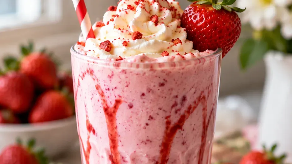 Foto de milk-shake de Morango com Baunilha pronto para servir
