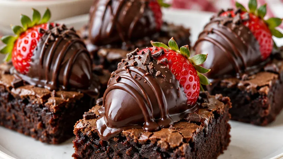 Foto de mini Brownies com Morangos Cobertos de Chocolate pronto para servir