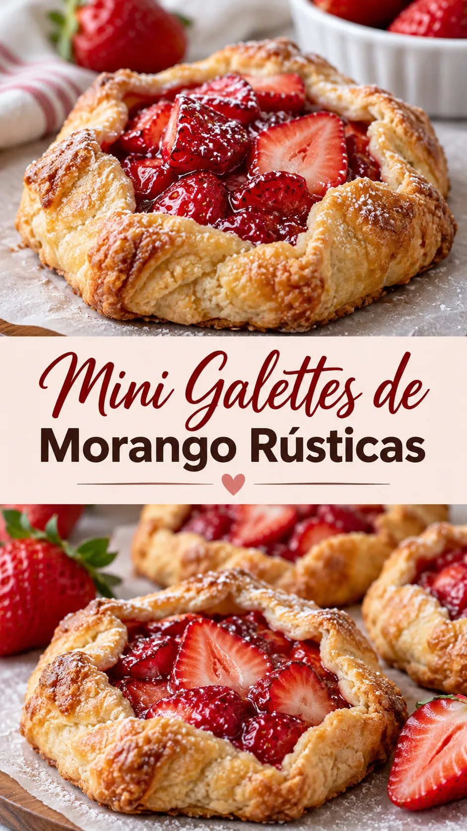 Imagem para o Pinterest com o título “Mini Galettes de Morango Rústicas” e duas fotos da receita