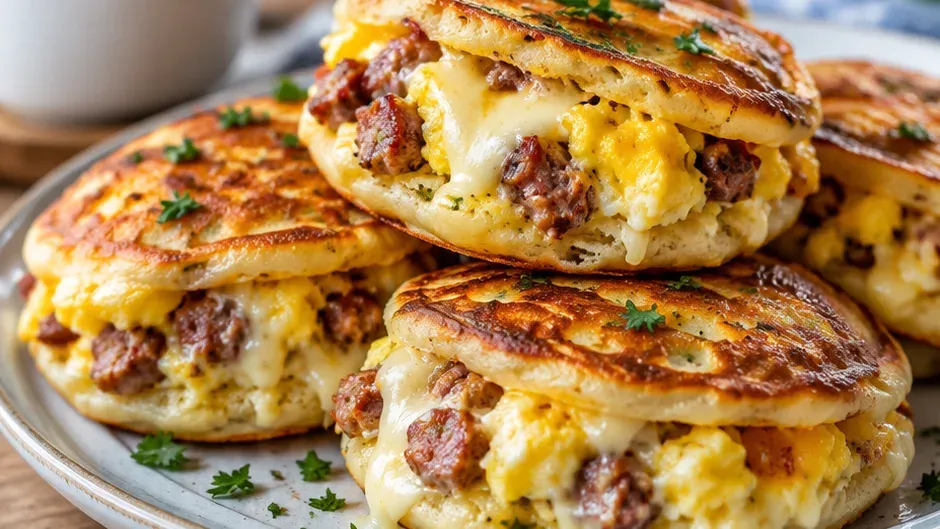 Foto de mini Panquecas Recheadas com Linguiça e Ovo para o Café da Manhã pronto para servir