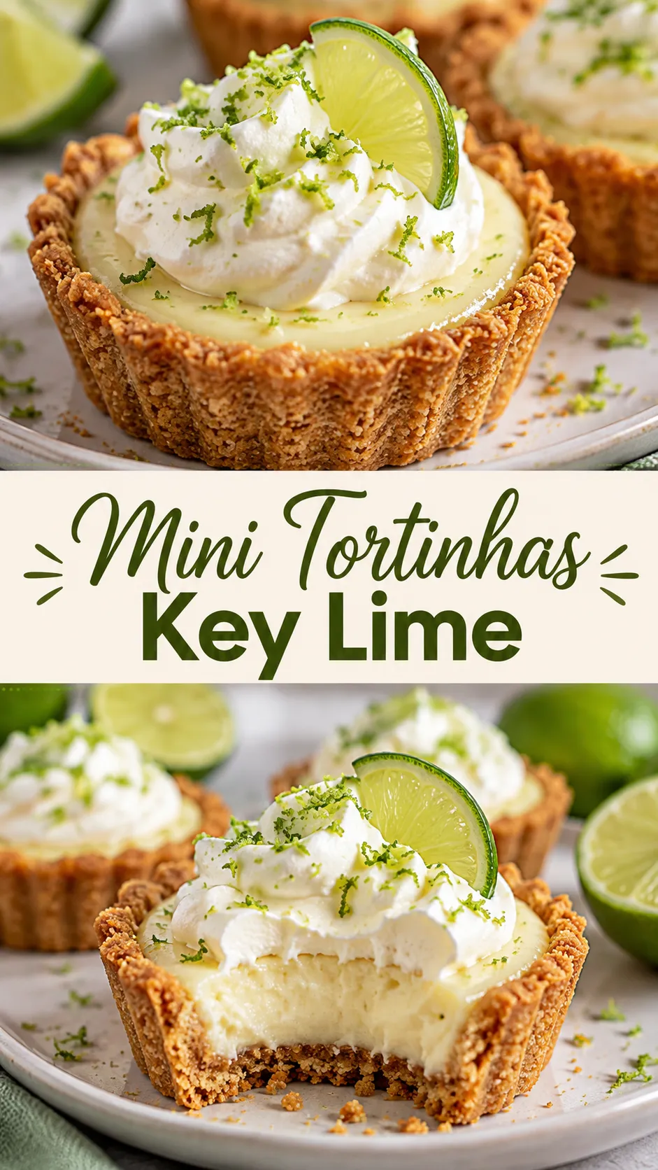 Imagem para o Pinterest com o título “Mini Tortinhas Key Lime” e duas fotos da receita