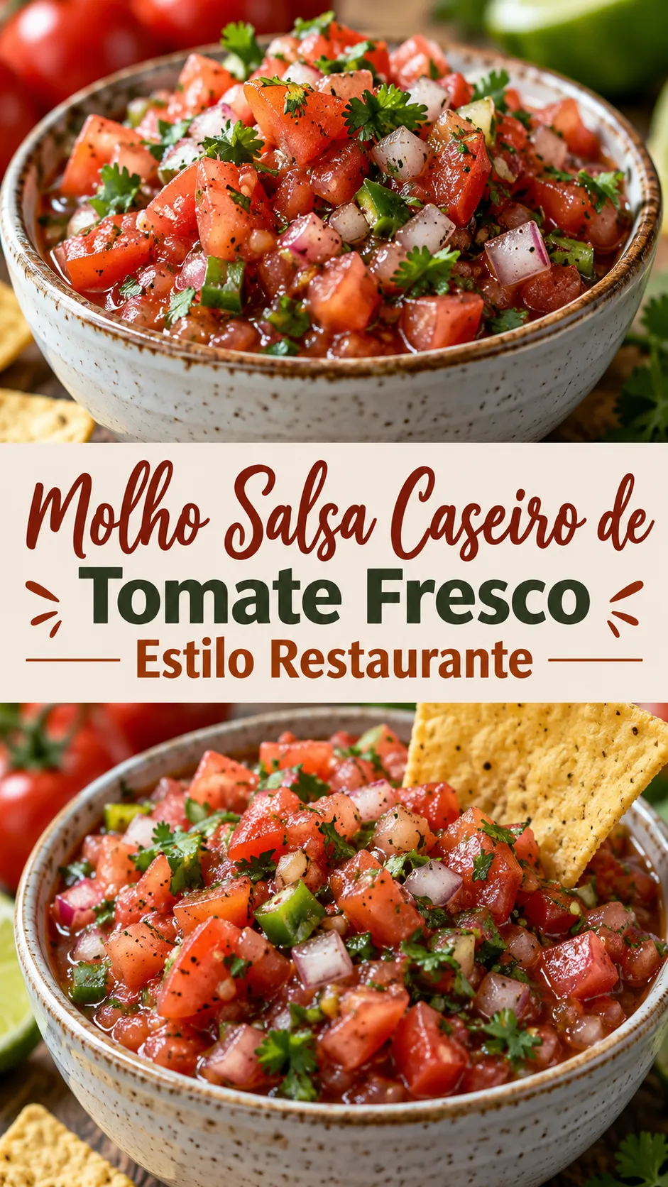 Imagem para o Pinterest com o título “Molho Salsa Caseiro de Tomate Fresco Estilo Restaurante” e duas fotos da receita