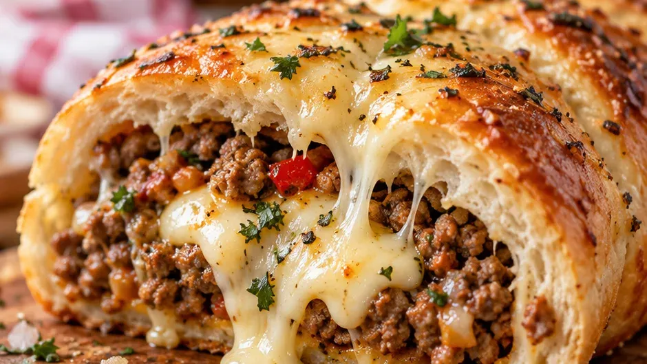 Foto de pão com Carne Moída e Queijo Derretido pronto para servir