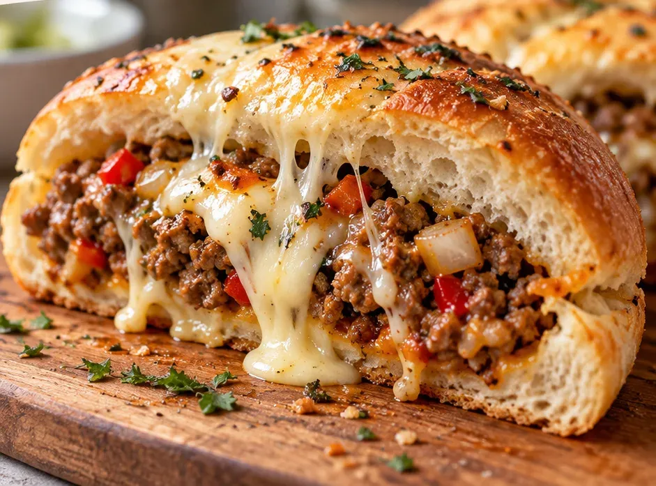 Outra foto de pão com Carne Moída e Queijo Derretido