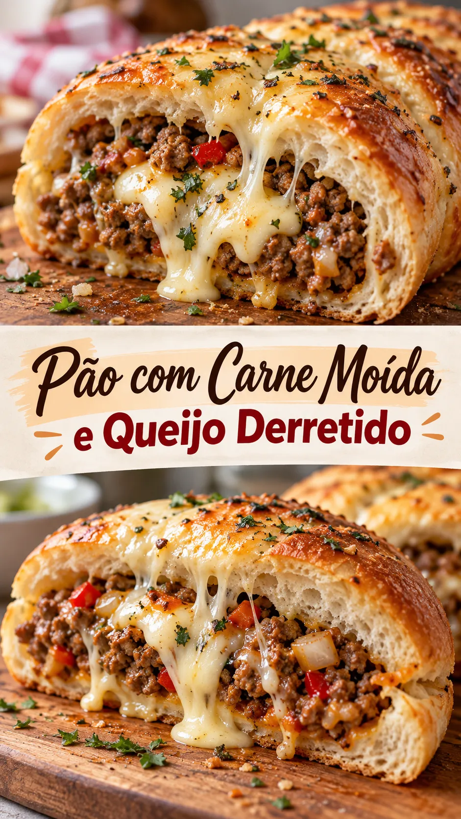 Imagem para o Pinterest com o título “Pão com Carne Moída e Queijo Derretido” e duas fotos da receita