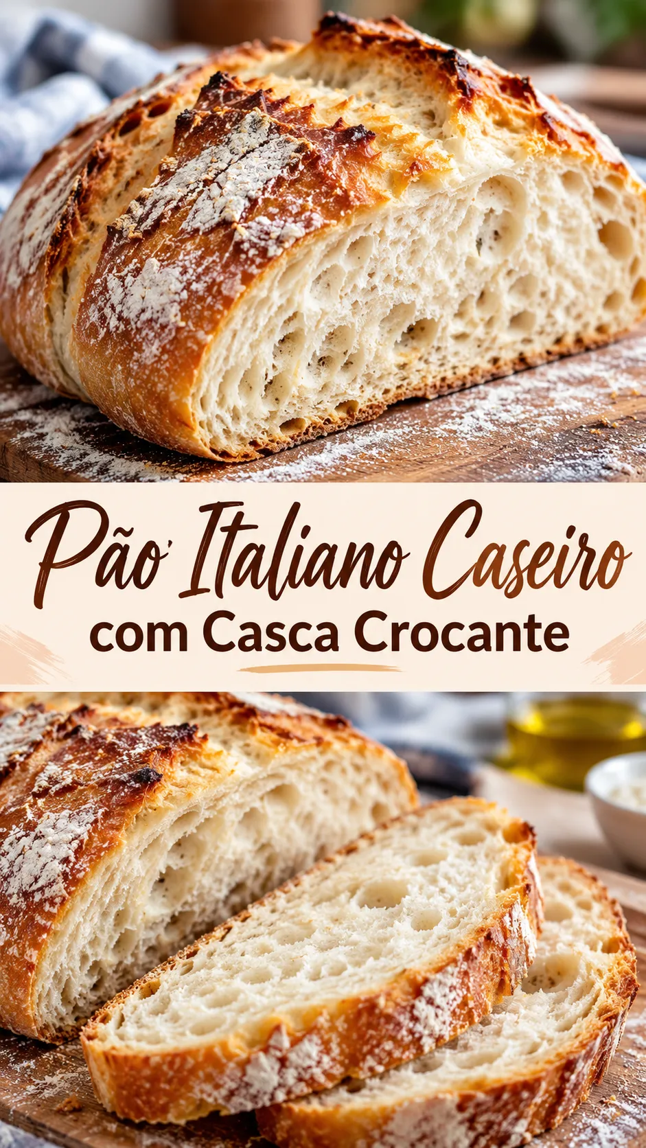 Imagem para o Pinterest com o título “Pão Italiano Caseiro com Casca Crocante” e duas fotos da receita