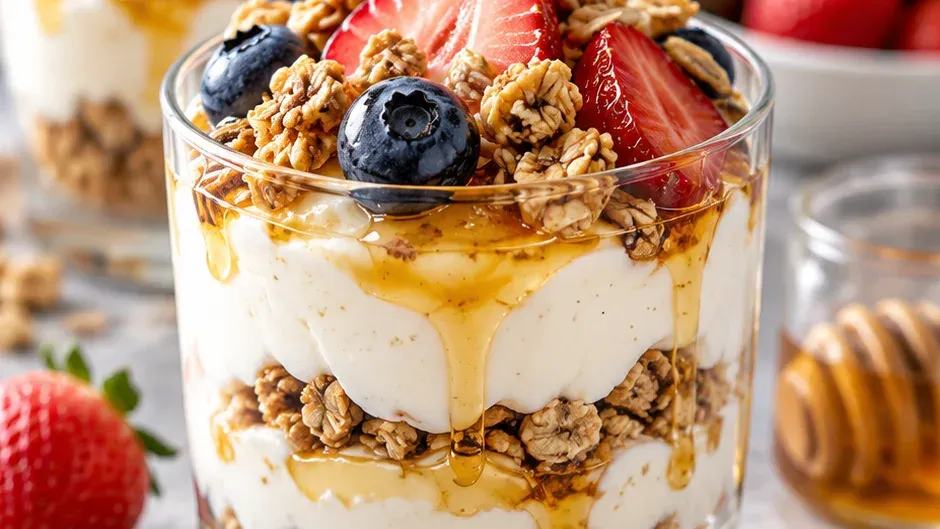 Foto de parfait de Iogurte Grego com Mel, Baunilha e Granola Crocante pronto para servir