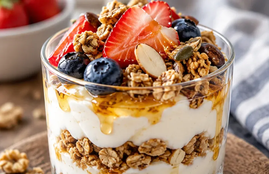 Outra foto de parfait de Iogurte Grego com Mel, Baunilha e Granola Crocante