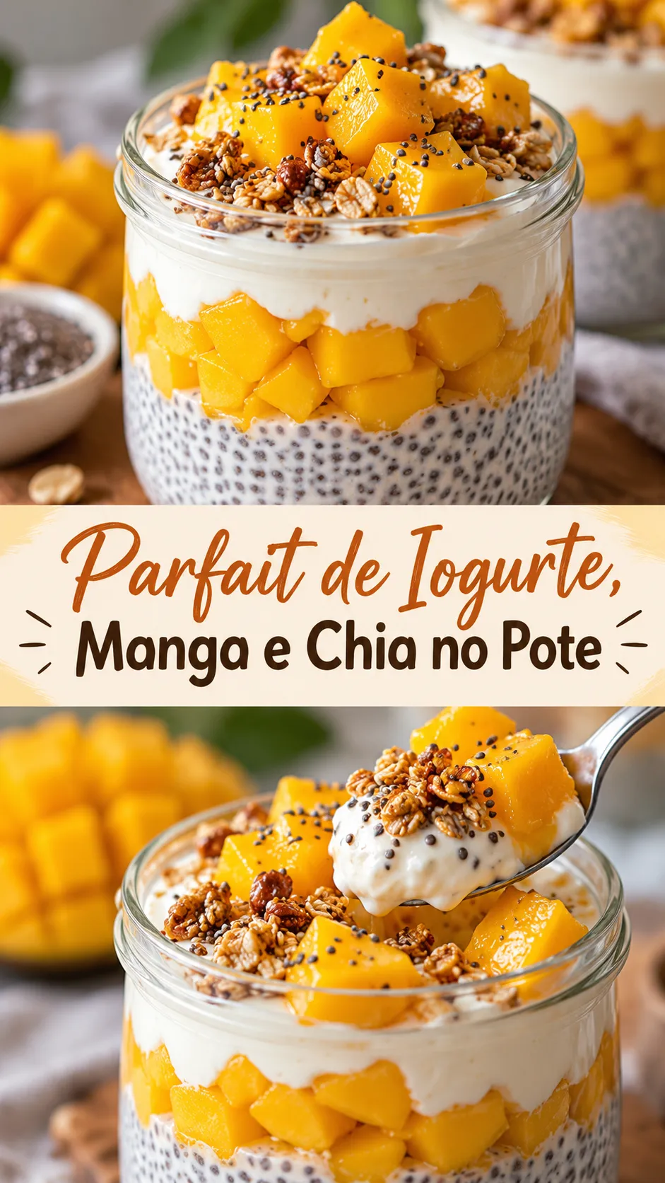 Imagem para o Pinterest com o título “Parfait de Iogurte, Manga e Chia no Pote” e duas fotos da receita