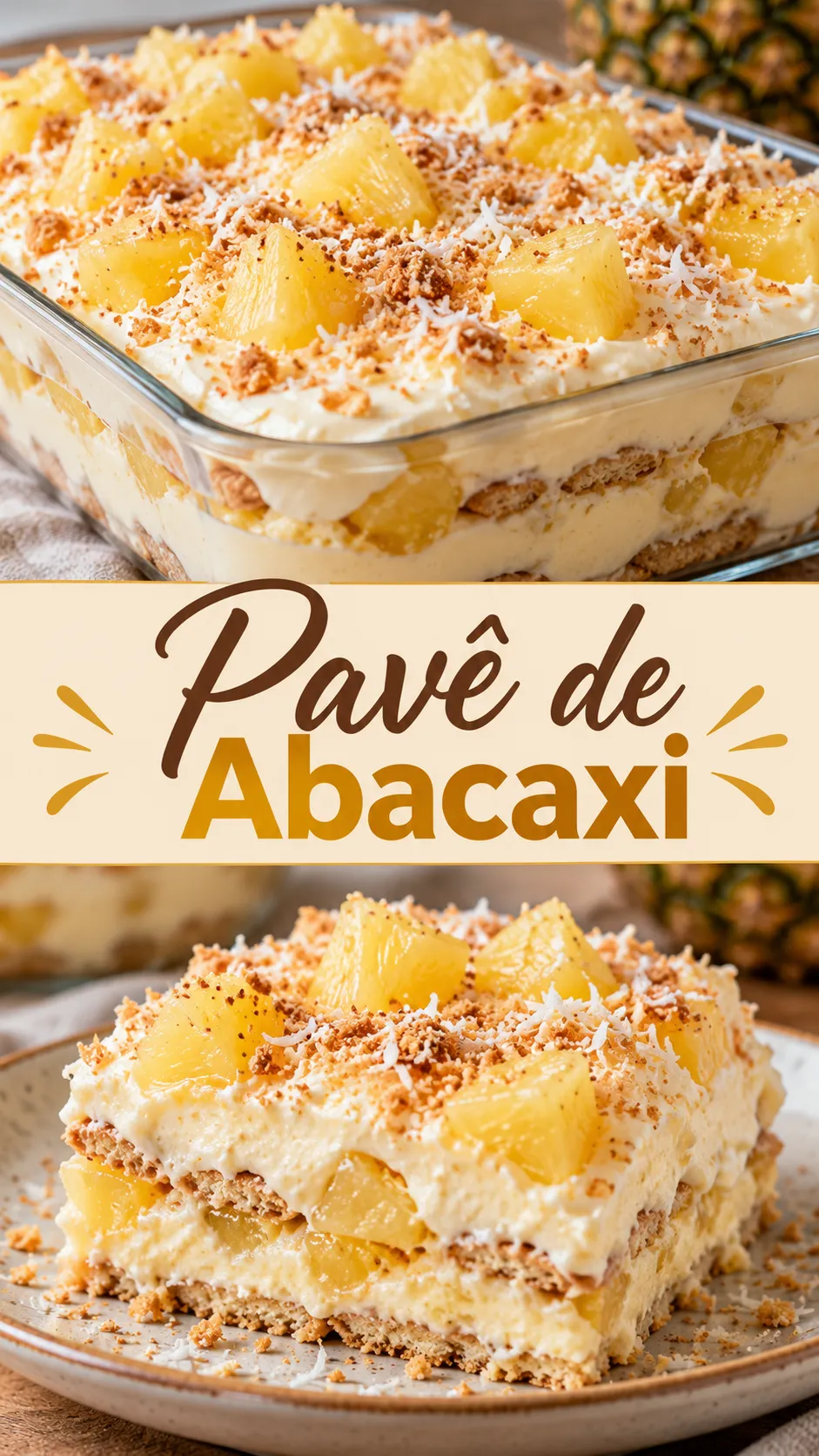 Imagem para o Pinterest com o título “Pavê de Abacaxi” e duas fotos da receita