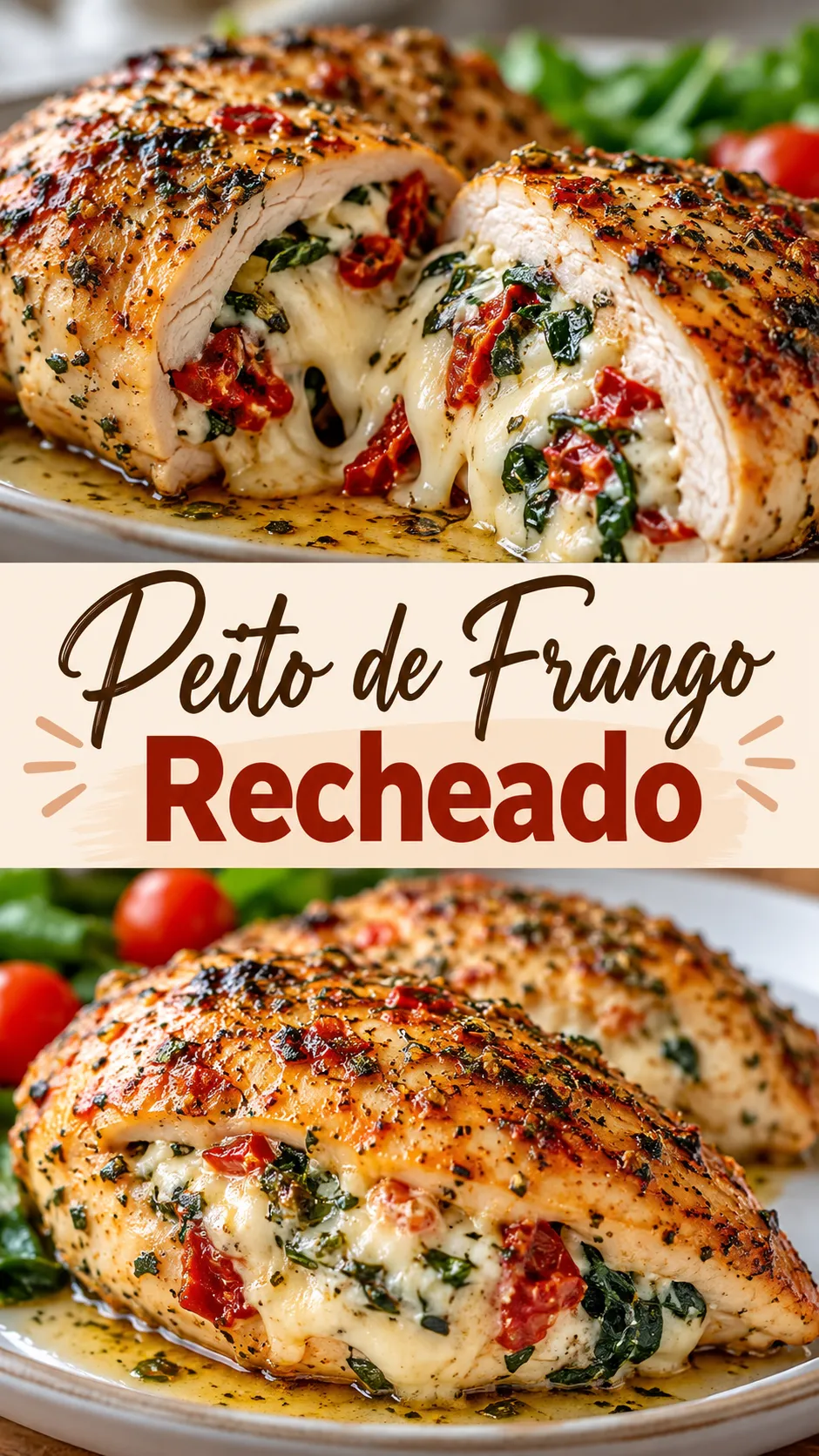 Imagem para o Pinterest com o título “Peito de Frango Recheado” e duas fotos da receita