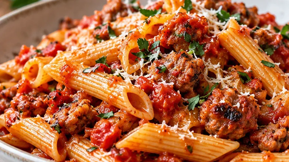 Foto de penne com Linguiça Apimentada ao Molho de Tomate pronto para servir
