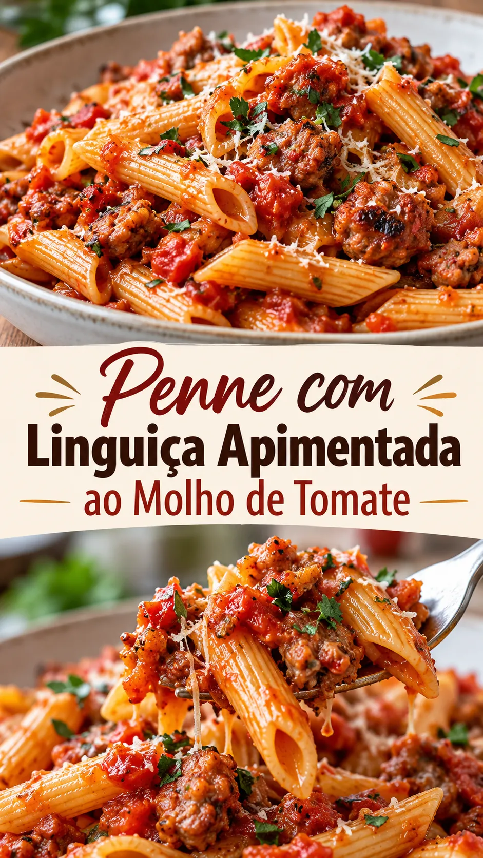 Imagem para o Pinterest com o título “Penne com Linguiça Apimentada ao Molho de Tomate” e duas fotos da receita