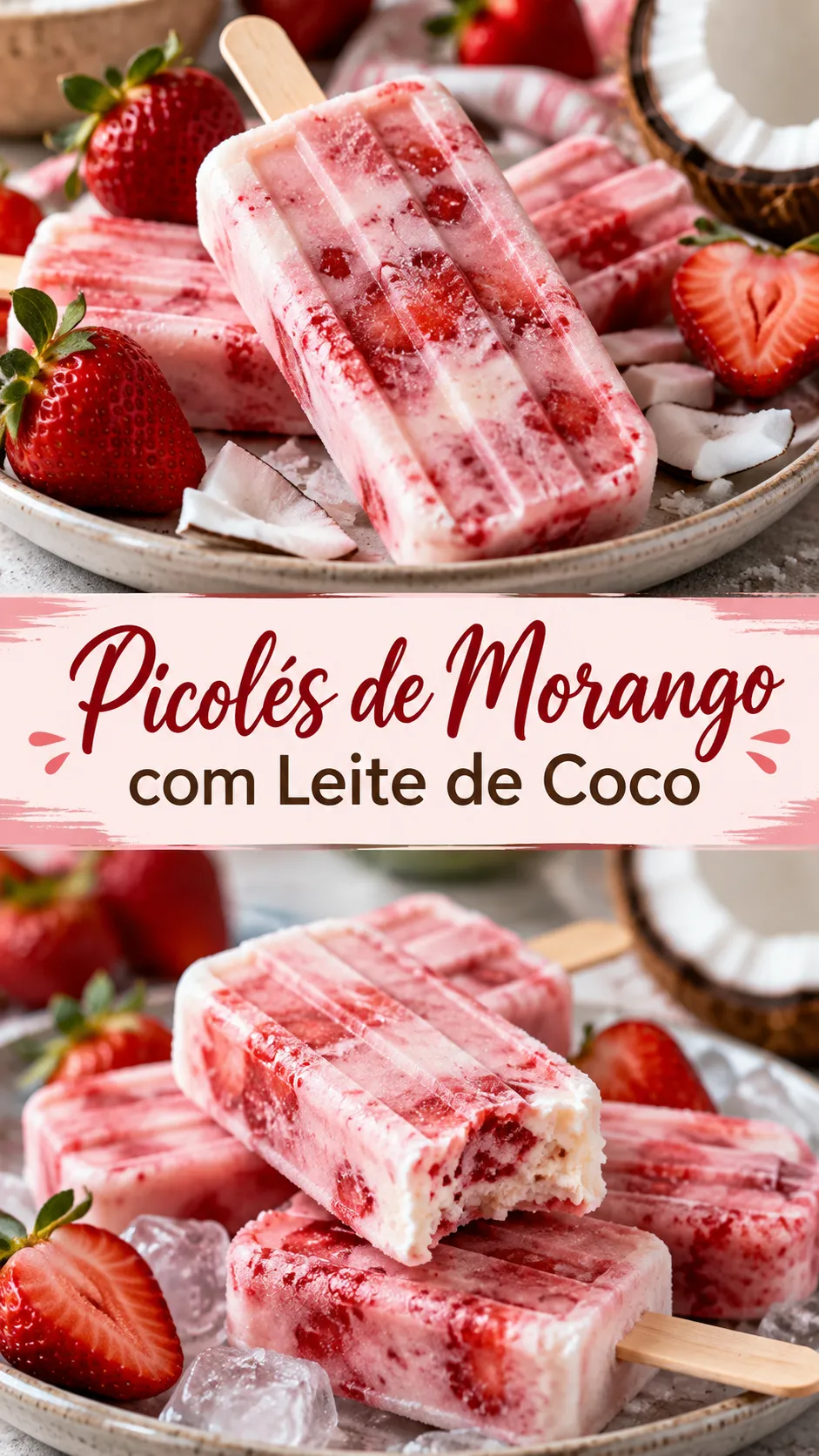 Imagem para o Pinterest com o título “Picolés de Morango com Leite de Coco” e duas fotos da receita