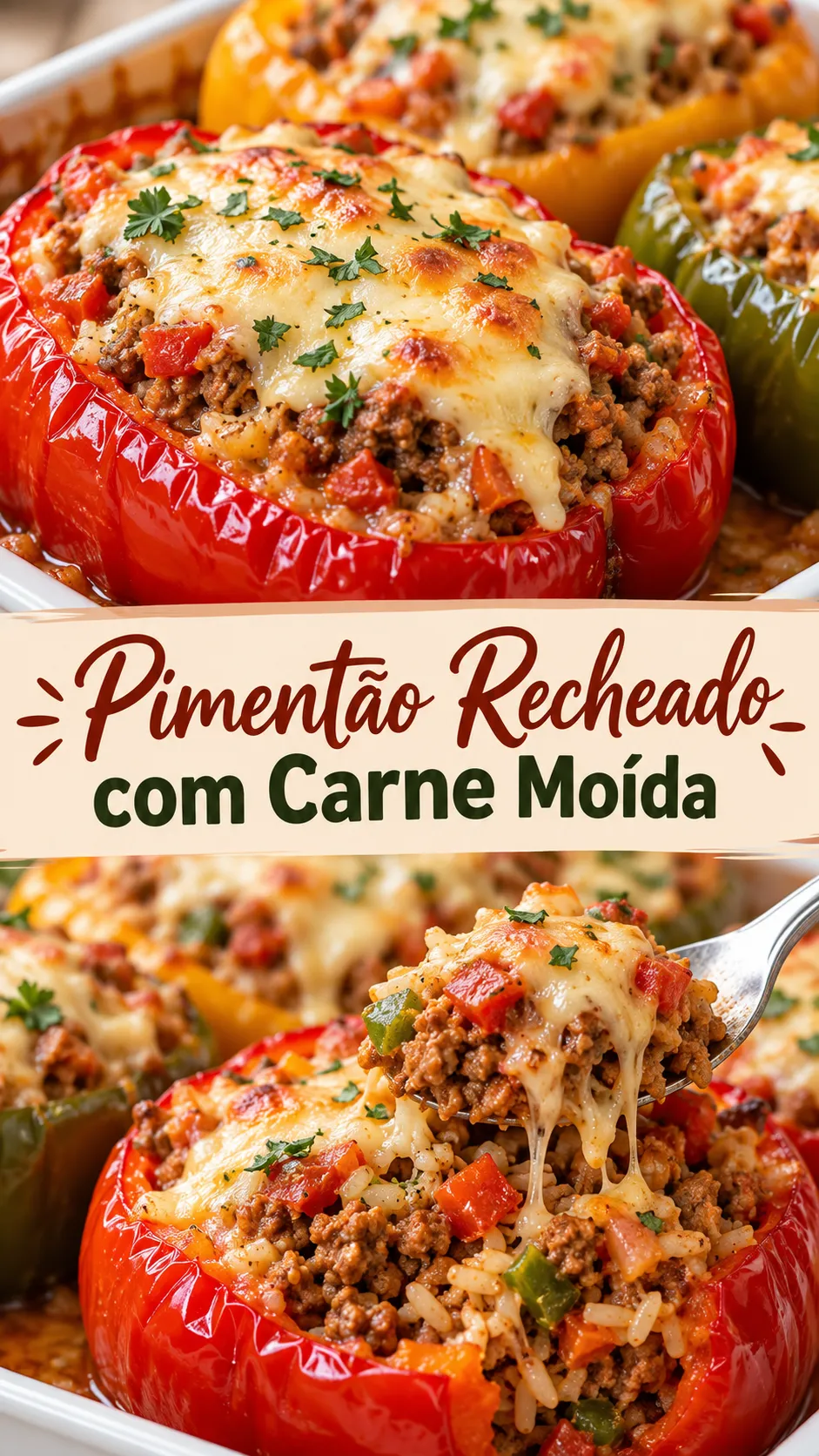 Imagem para o Pinterest com o título “Pimentão Recheado com Carne Moída” e duas fotos da receita