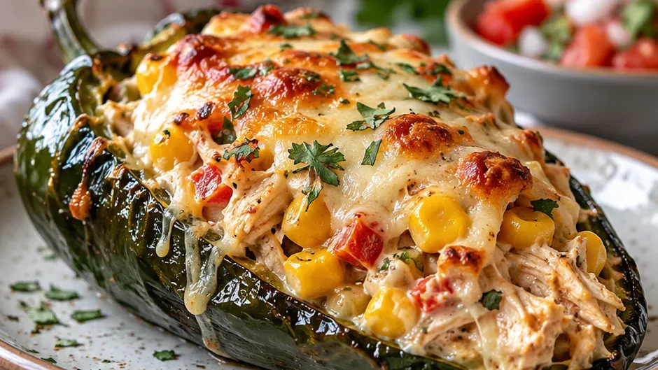 Foto de pimentas Poblano Recheadas com Frango Cremoso e Milho pronto para servir