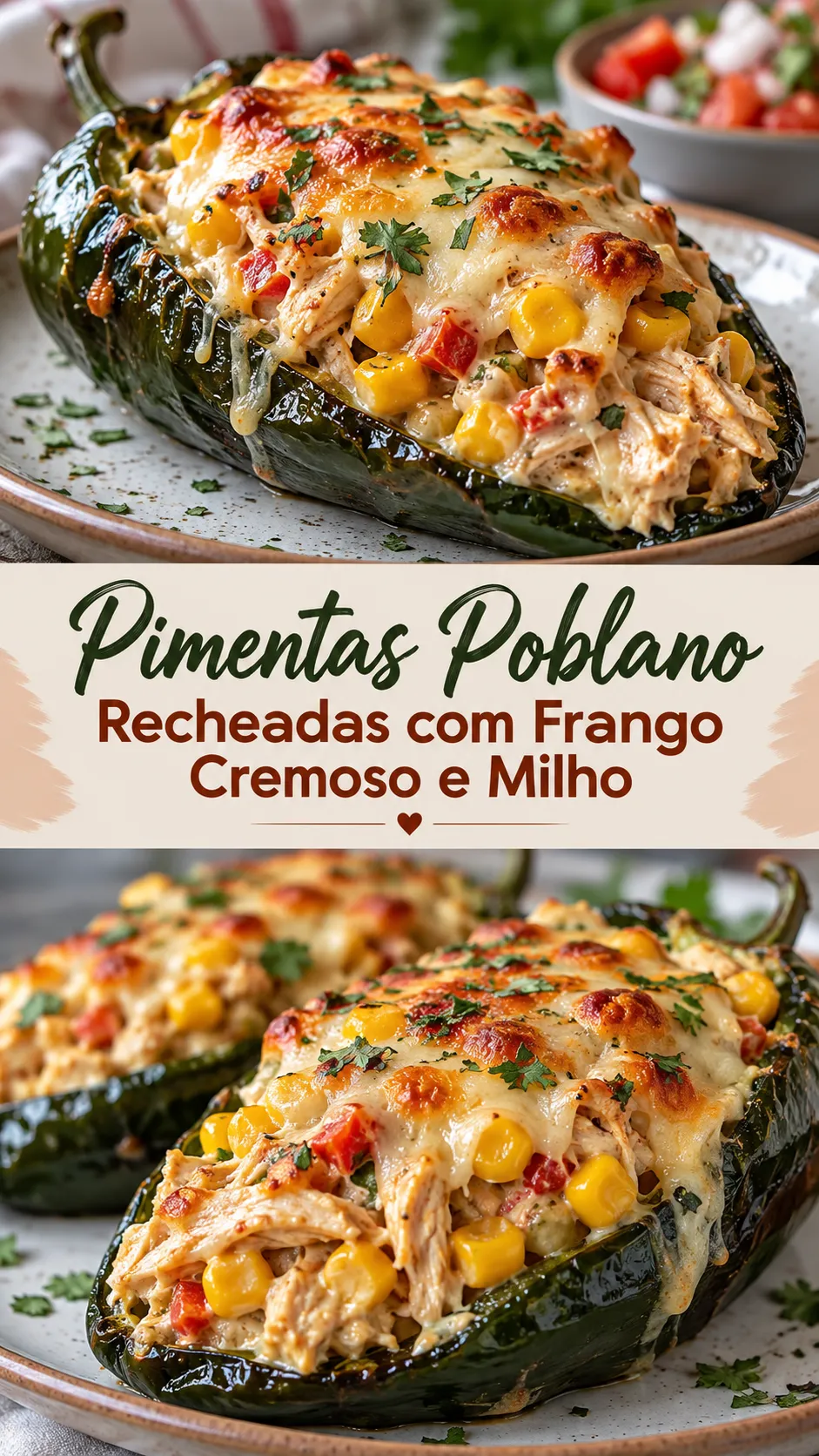 Imagem para o Pinterest com o título “Pimentas Poblano Recheadas com Frango Cremoso e Milho” e duas fotos da receita