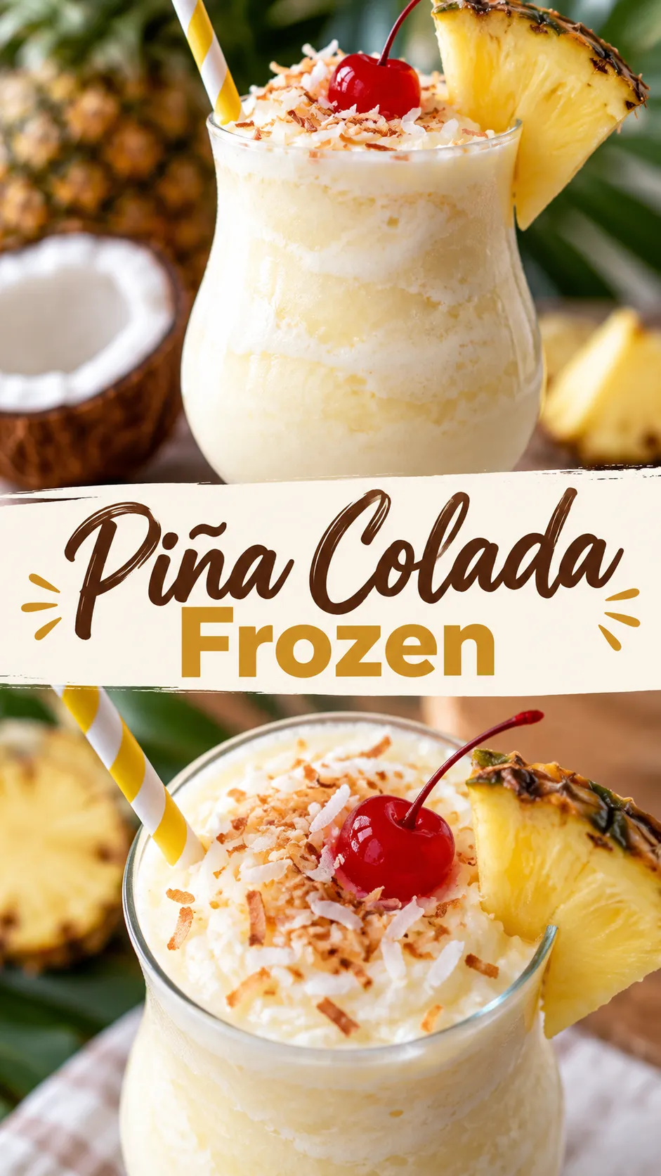 Imagem para o Pinterest com o título “Piña Colada Frozen” e duas fotos da receita