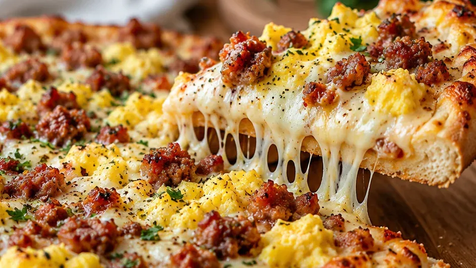Foto de pizza de Café da Manhã com Linguiça e Ovo pronto para servir