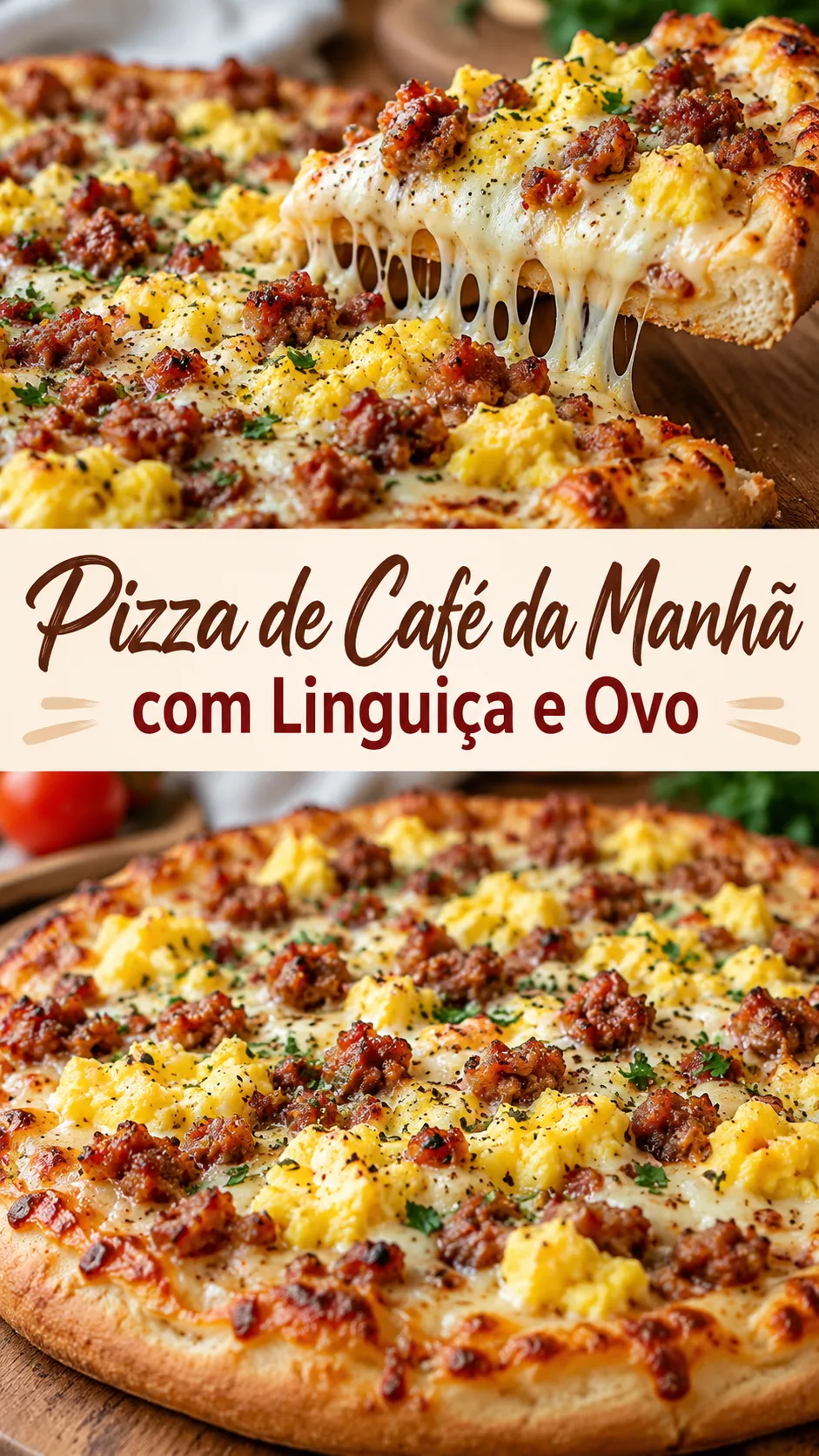 Imagem para o Pinterest com o título “Pizza de Café da Manhã com Linguiça e Ovo” e duas fotos da receita