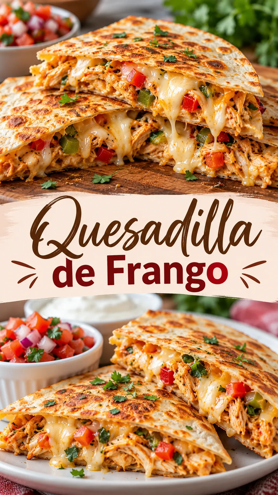 Imagem para o Pinterest com o título “Quesadilla de Frango” e duas fotos da receita
