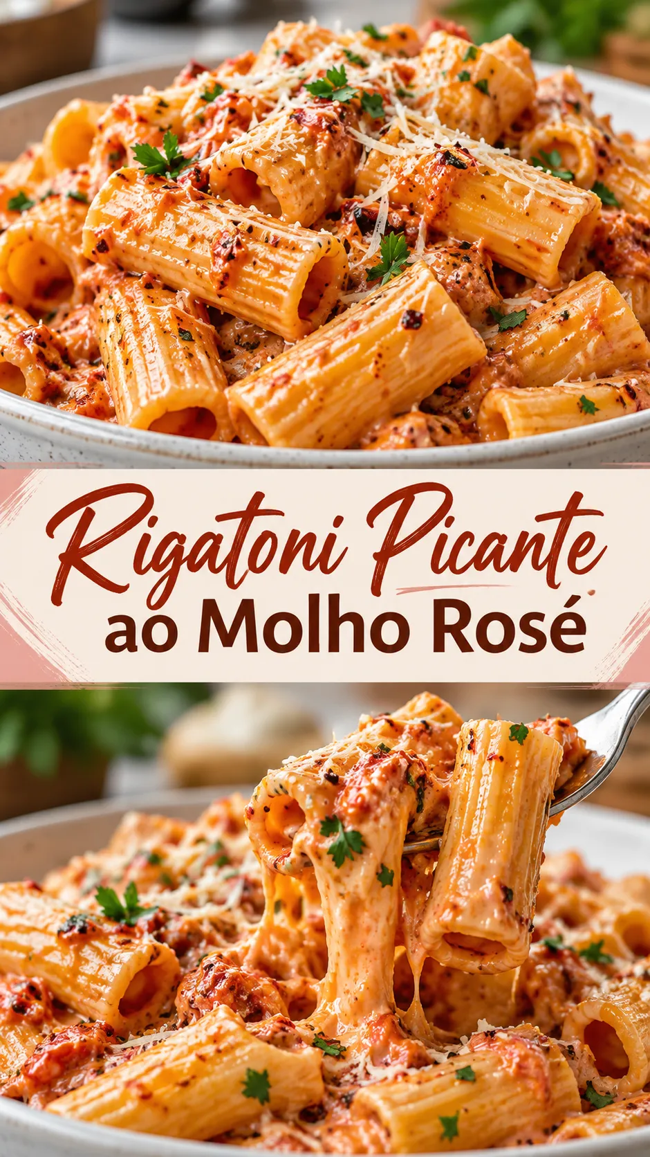Imagem para o Pinterest com o título “Rigatoni Picante ao Molho Rosé” e duas fotos da receita