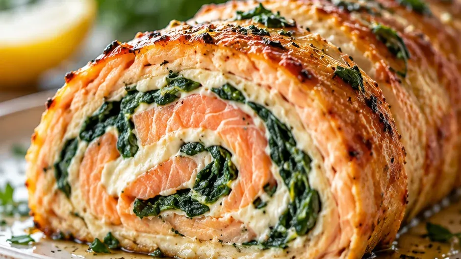 Foto de rocambole de Salmão com Espinafre pronto para servir