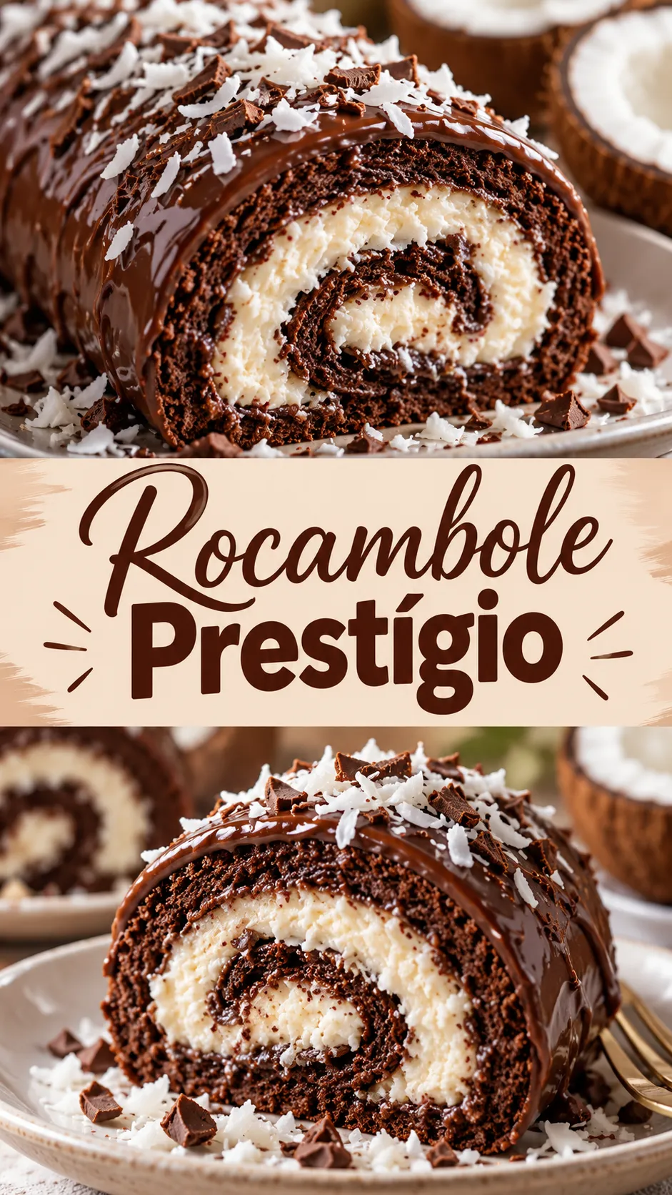 Imagem para o Pinterest com o título “Rocambole Prestígio” e duas fotos da receita