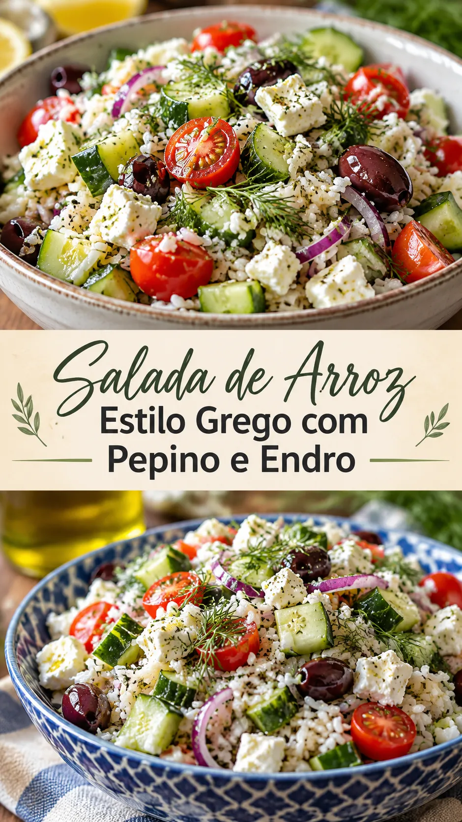 Imagem para o Pinterest com o título “Salada de Arroz Estilo Grego com Pepino e Endro” e duas fotos da receita