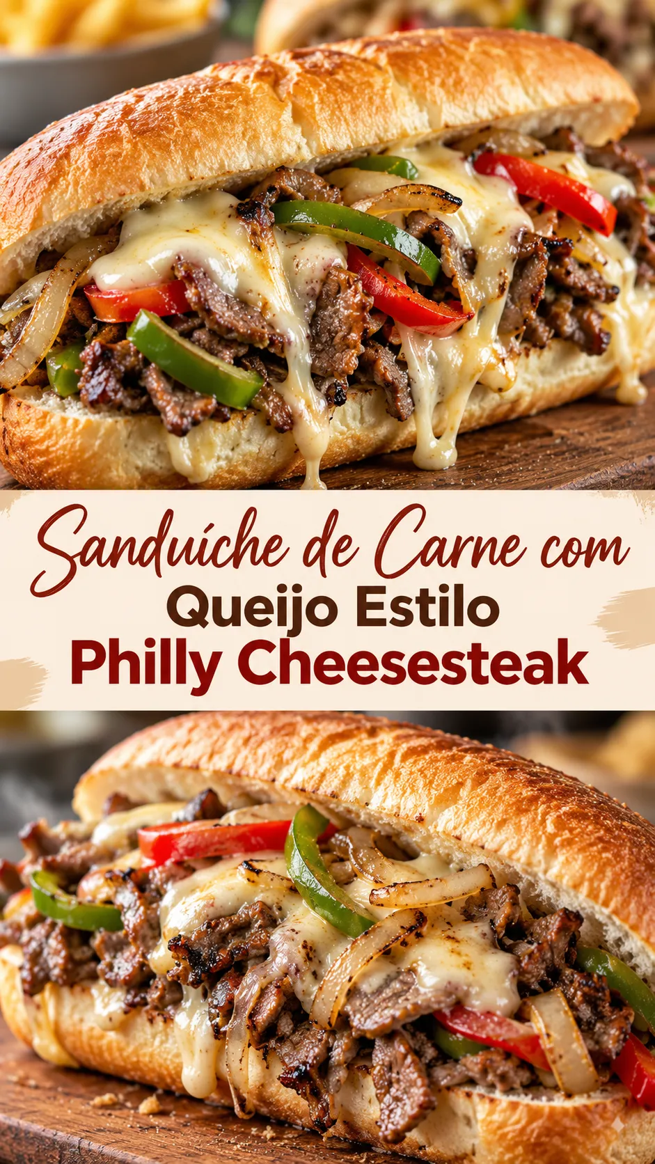 Imagem para o Pinterest com o título “Sanduíche de Carne com Queijo Estilo Philly Cheesesteak” e duas fotos da receita