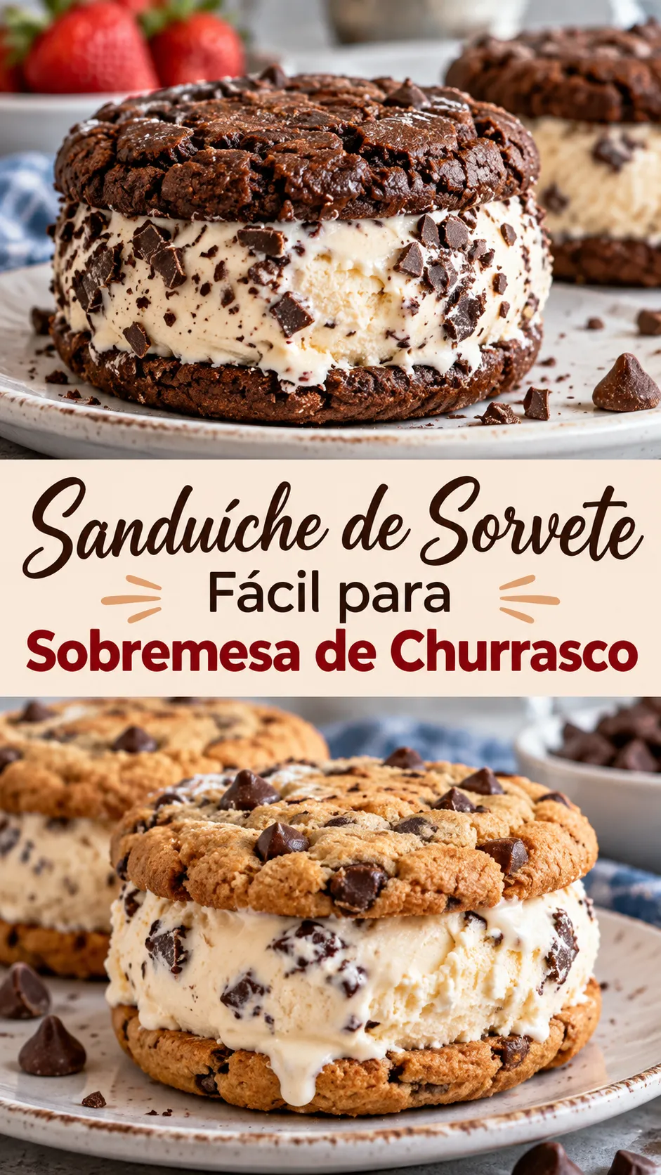 Imagem para o Pinterest com o título “Sanduíche de Sorvete Fácil para Sobremesa de Churrasco” e duas fotos da receita