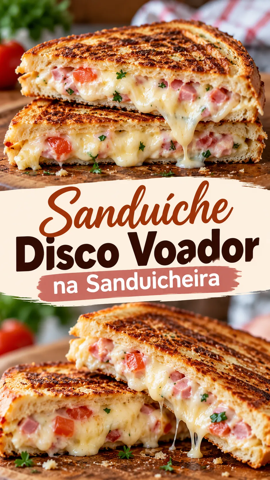 Imagem para o Pinterest com o título “Sanduíche Disco Voador na Sanduicheira” e duas fotos da receita