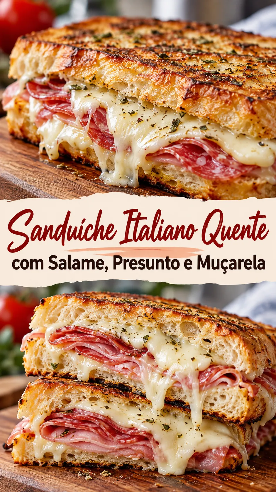 Imagem para o Pinterest com o título “Sanduíche Italiano Quente com Salame, Presunto e Muçarela” e duas fotos da receita