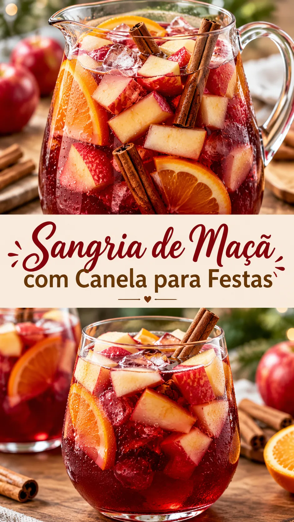 Imagem para o Pinterest com o título “Sangria de Maçã com Canela para Festas” e duas fotos da receita