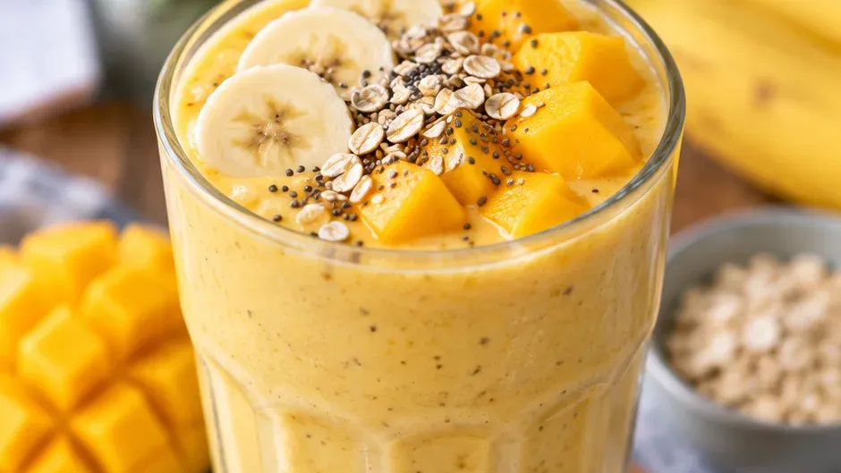 Foto de shake Proteico de Manga e Banana pronto para servir