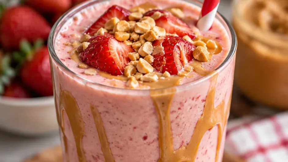 Foto de shake Proteico de Morango com Pasta de Amendoim pronto para servir