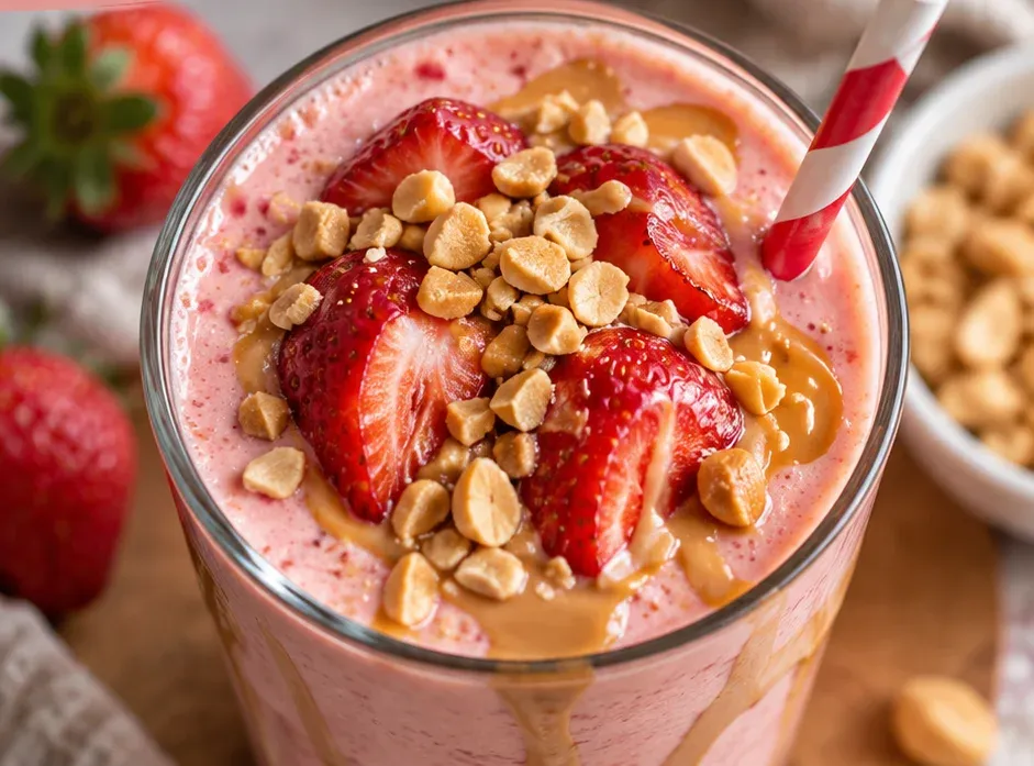 Outra foto de shake Proteico de Morango com Pasta de Amendoim