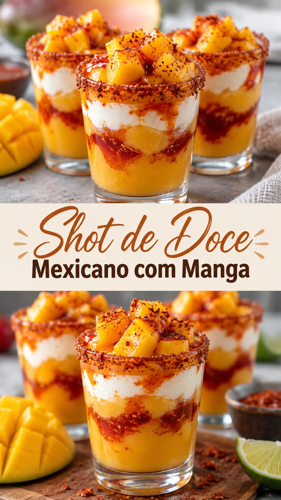 Imagem para o Pinterest com o título “Shot de Doce Mexicano com Manga” e duas fotos da receita