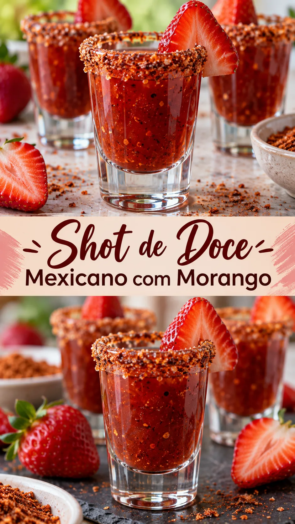 Imagem para o Pinterest com o título “Shot de Doce Mexicano com Morango” e duas fotos da receita