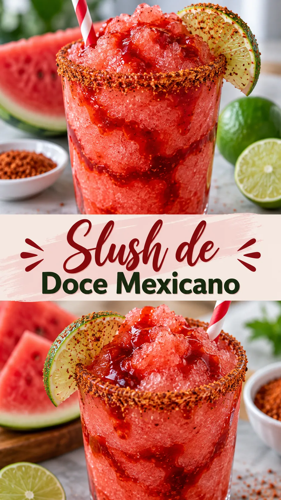 Imagem para o Pinterest com o título “Slush de Doce Mexicano” e duas fotos da receita