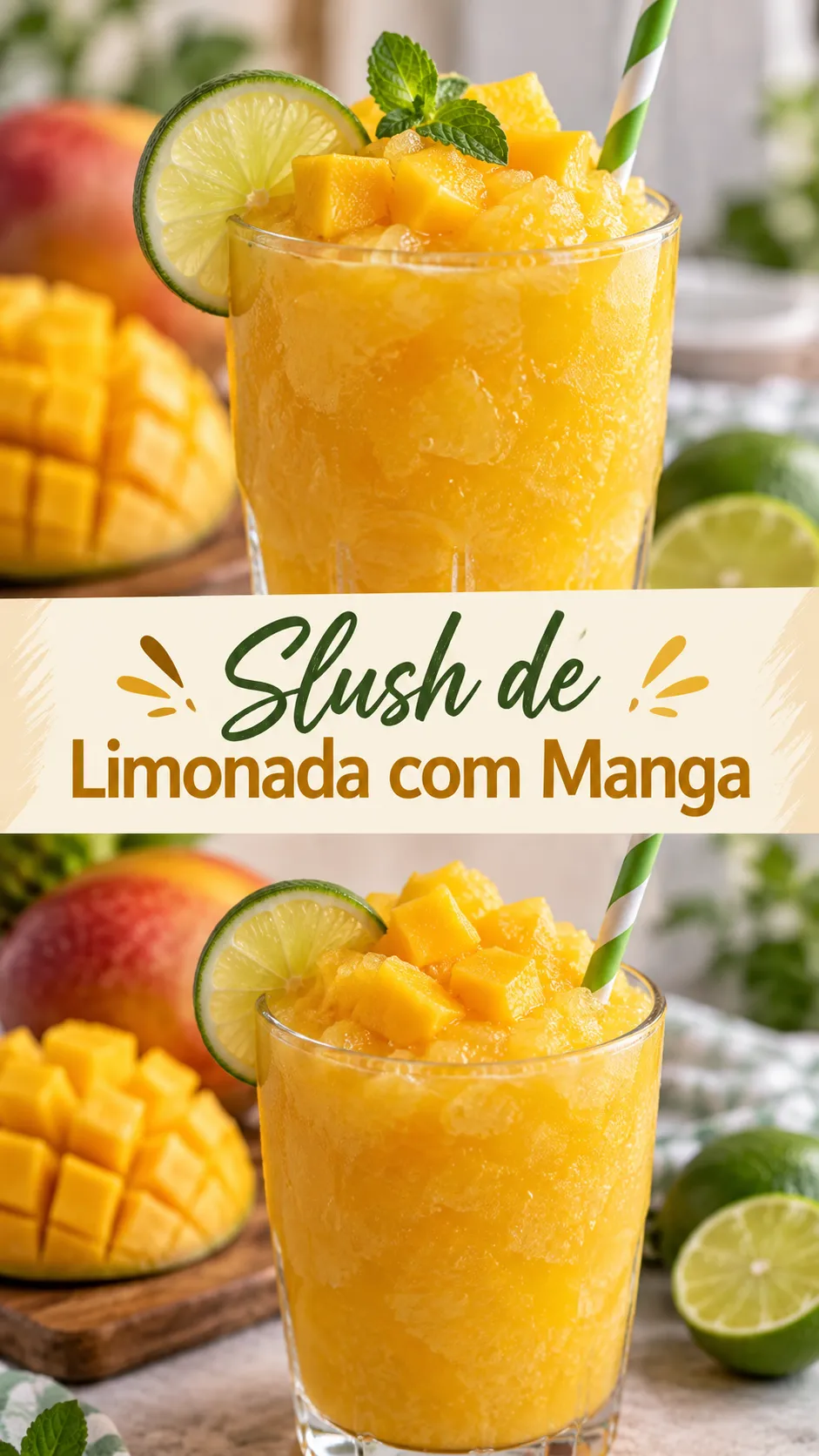Imagem para o Pinterest com o título “Slush de Limonada com Manga” e duas fotos da receita