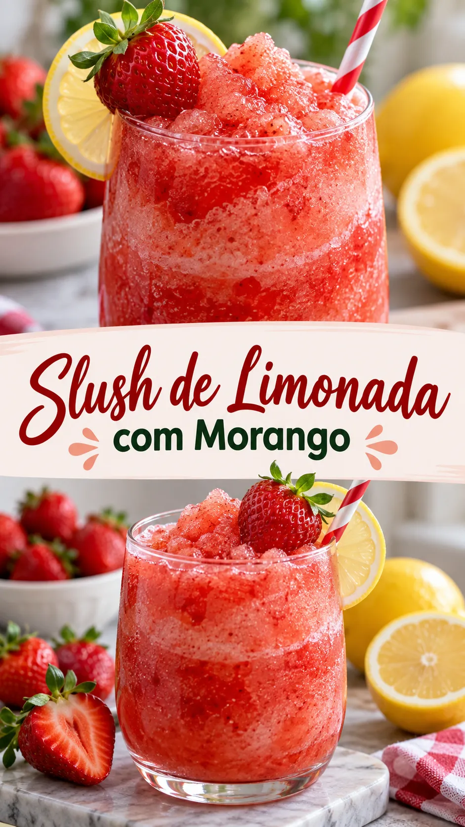 Imagem para o Pinterest com o título “Slush de Limonada com Morango” e duas fotos da receita