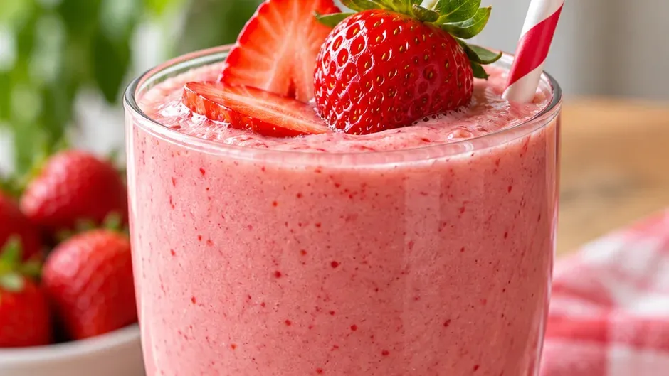 Foto de smoothie de Morango com 3 Ingredientes (Rápido e Fácil) pronto para servir