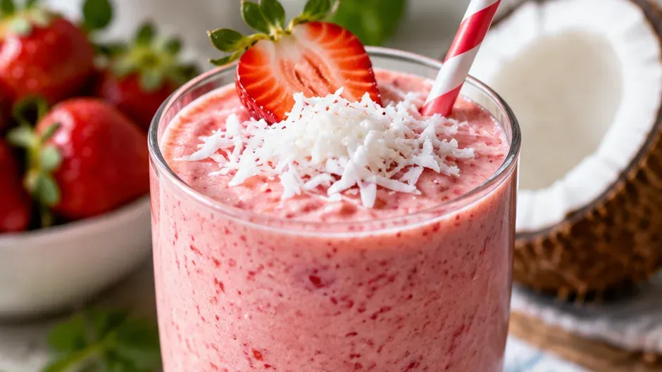 Foto de smoothie de Morango e Coco Sem Lactose pronto para servir