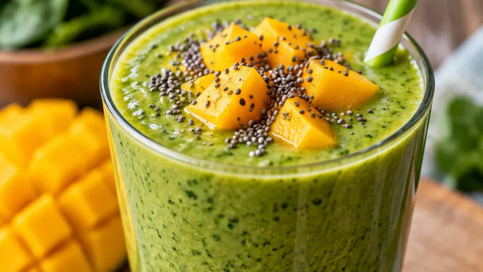 Foto de smoothie Detox de Manga com Espinafre pronto para servir